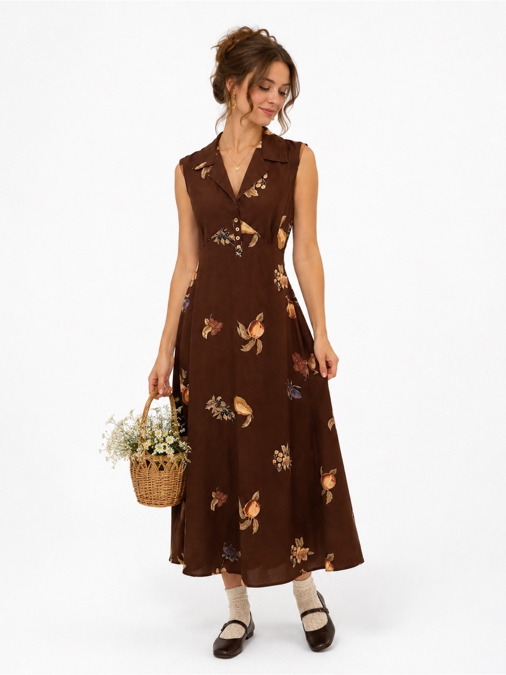 Vintage Infinito Brown Fruit Print Sleeveless Maxi Cottagecore Dress